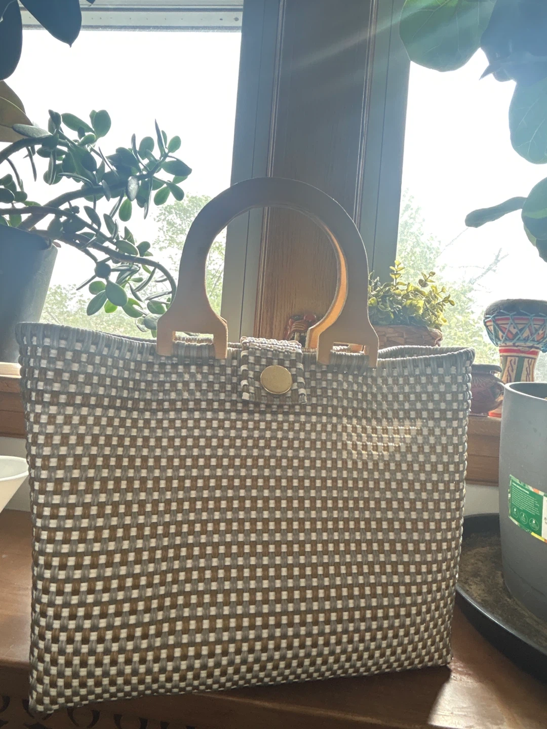Woven Tote Bag with Wood Handles - photo 2