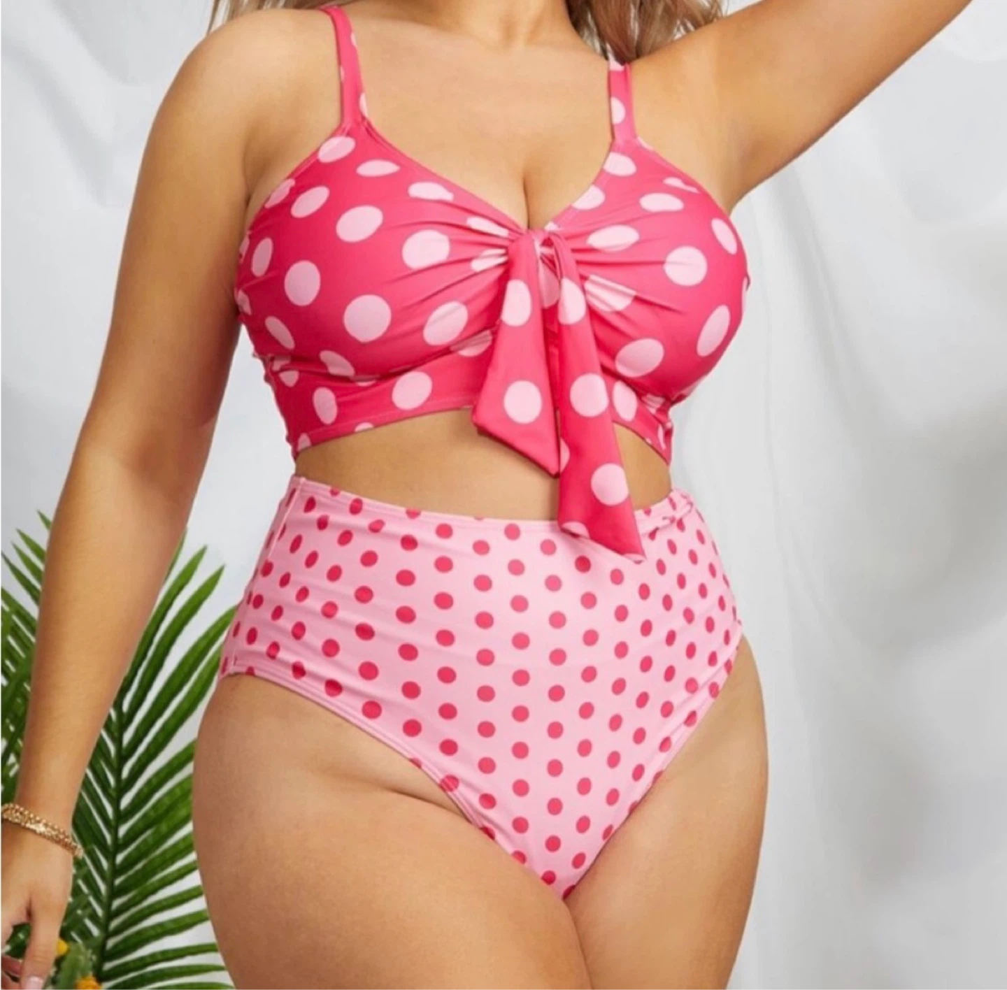 Plus Polka Dot Knot Front Bikini Swimsuit