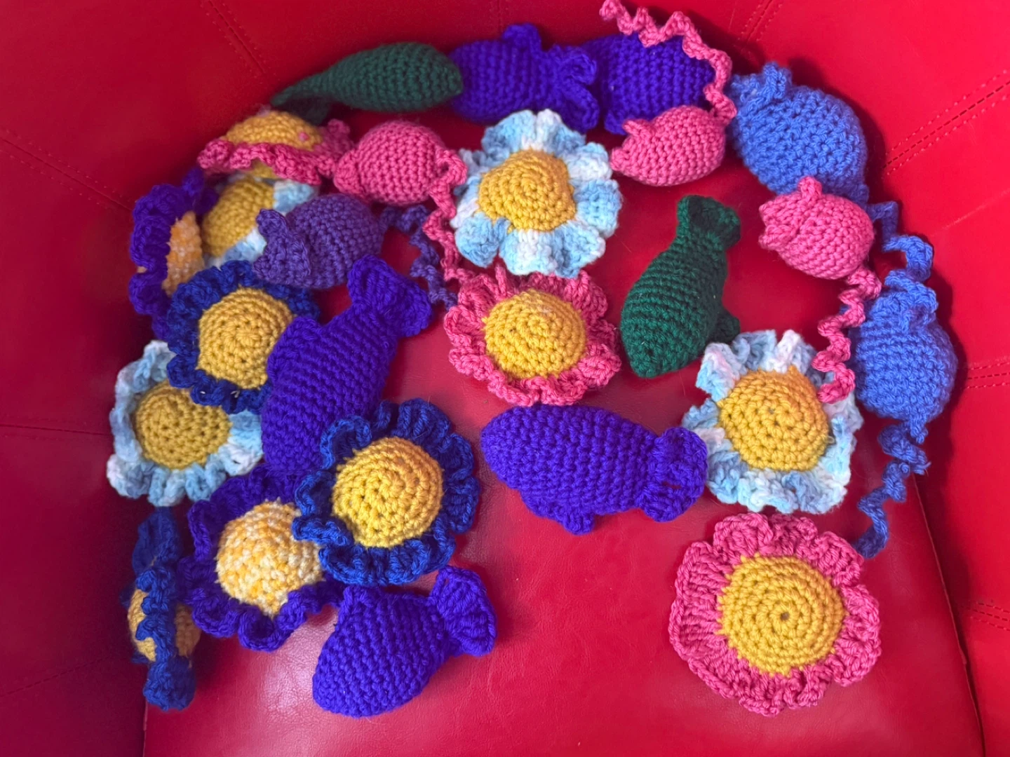 Hand-crocheted cat toys - mice, fish, flowers, octopi