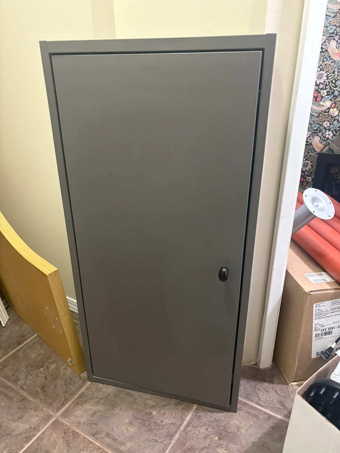 Grey Storage Cabinet with Glass Shelves