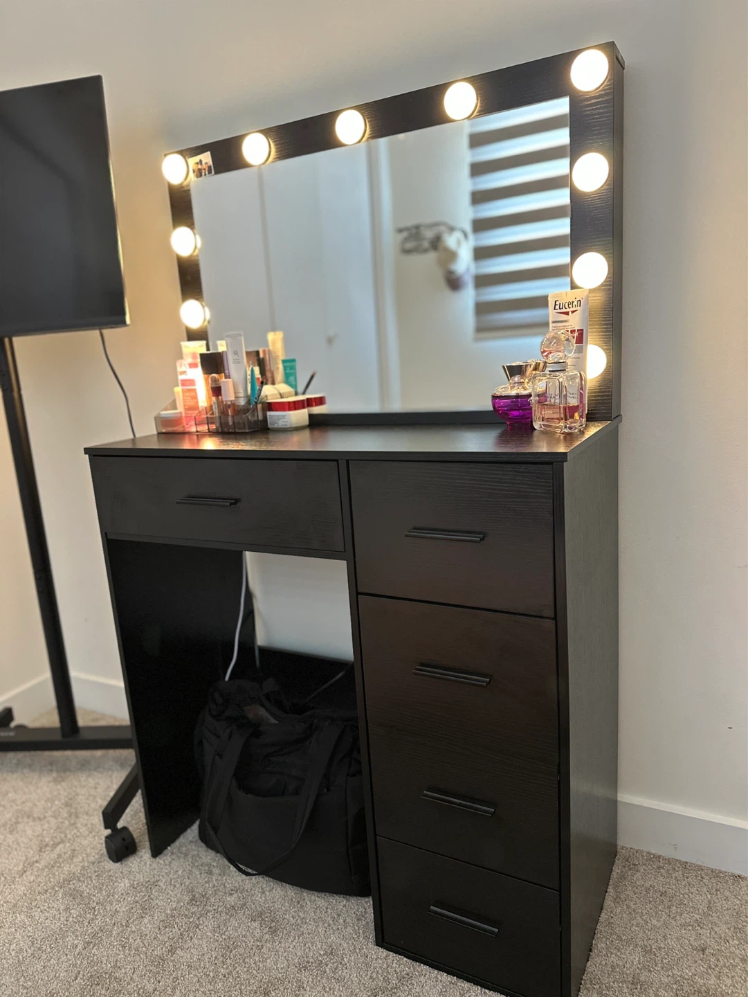 Black Vanity Desk with Lighted Mirror