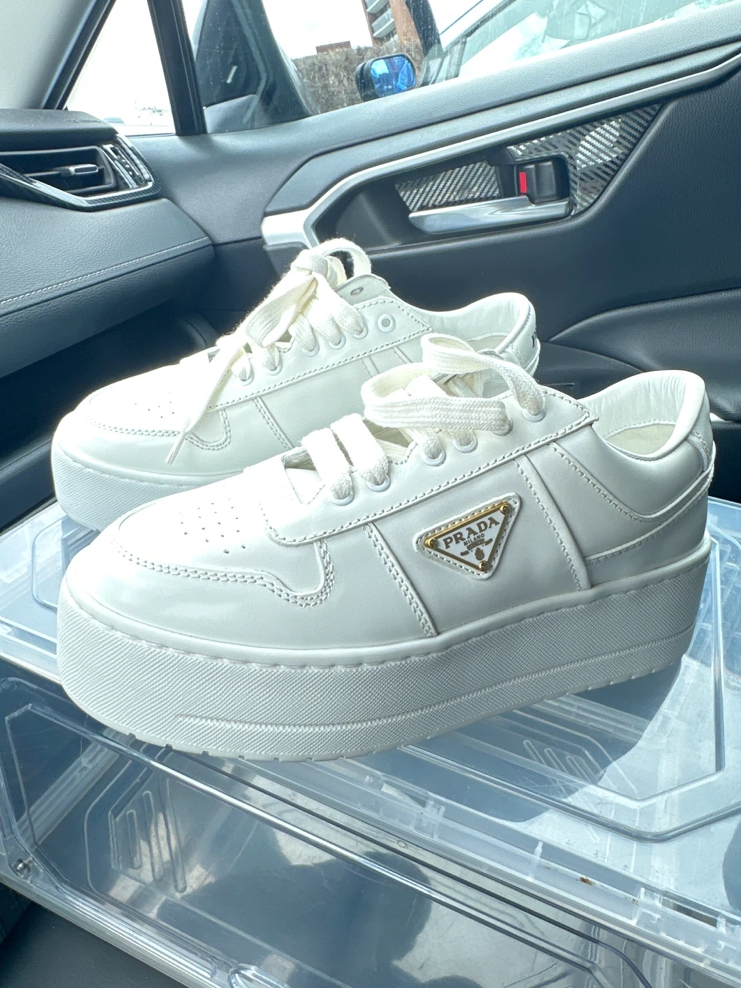 Prada White Leather Platform Sneakers