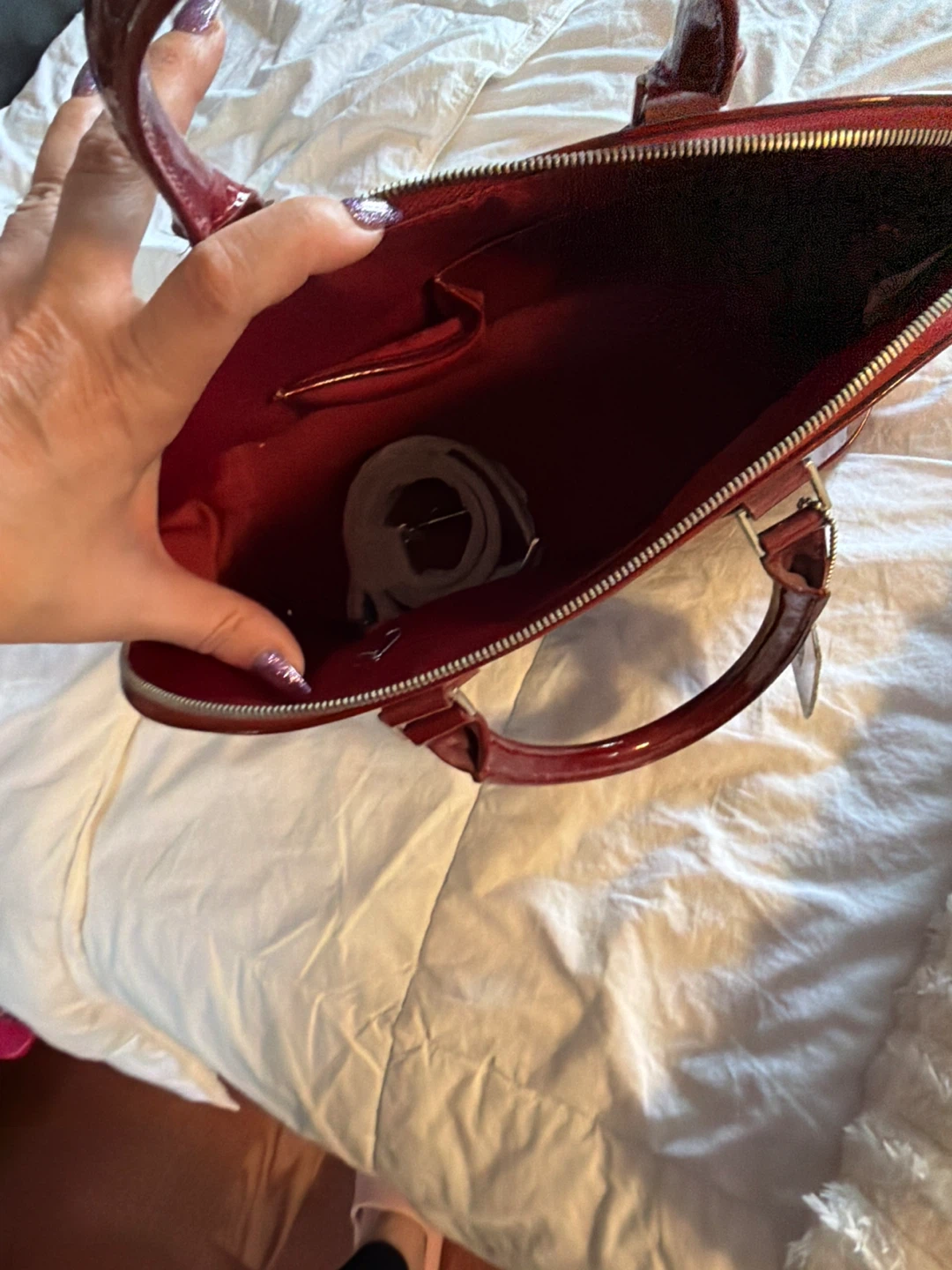 Danier Leather Red Patent Leather Satchel Handbag with Strap - photo 2