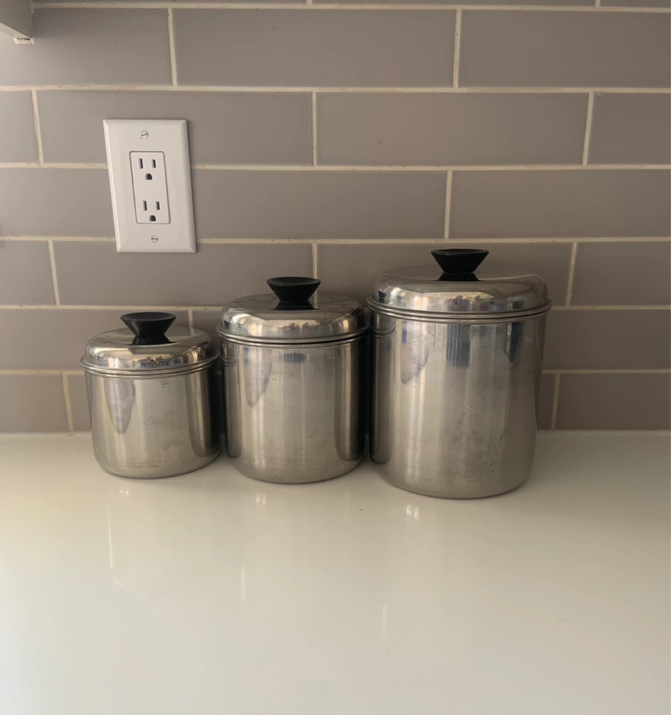 Set of 3 Stainless Steel Canisters with Black Lids