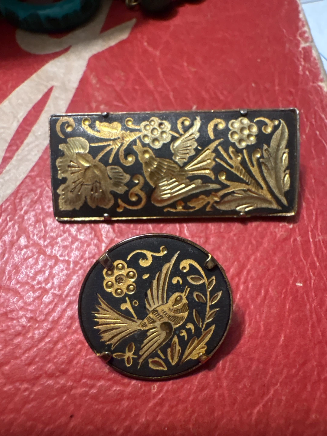 Vintage Brooch Set - Rectangle & Round Birds Design