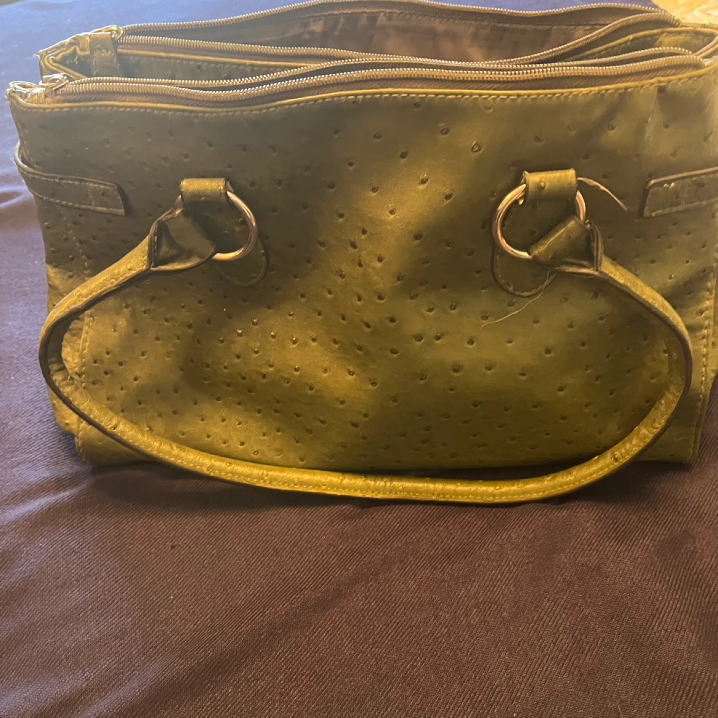 Green Ostrich Embossed Satchel Handbag