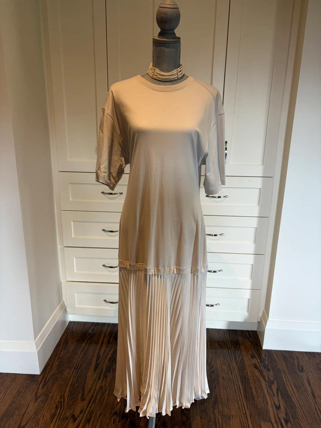 Beige T-shirt Dress with Pleated Skirt