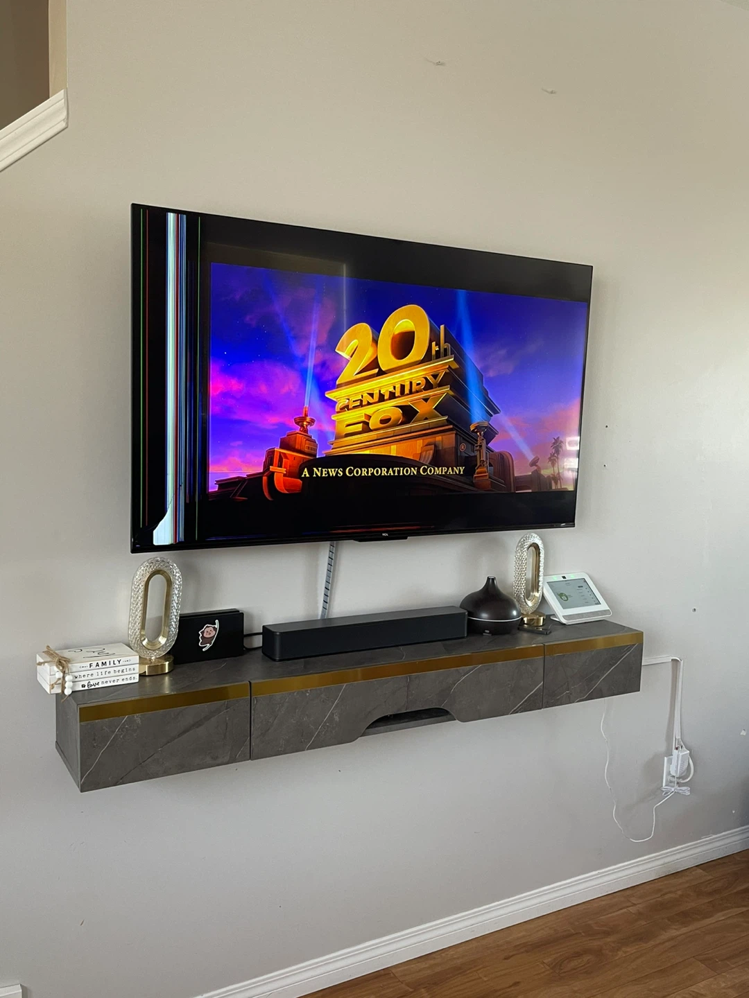 Floating Media Console Grey Marble with Gold Trim - photo 5