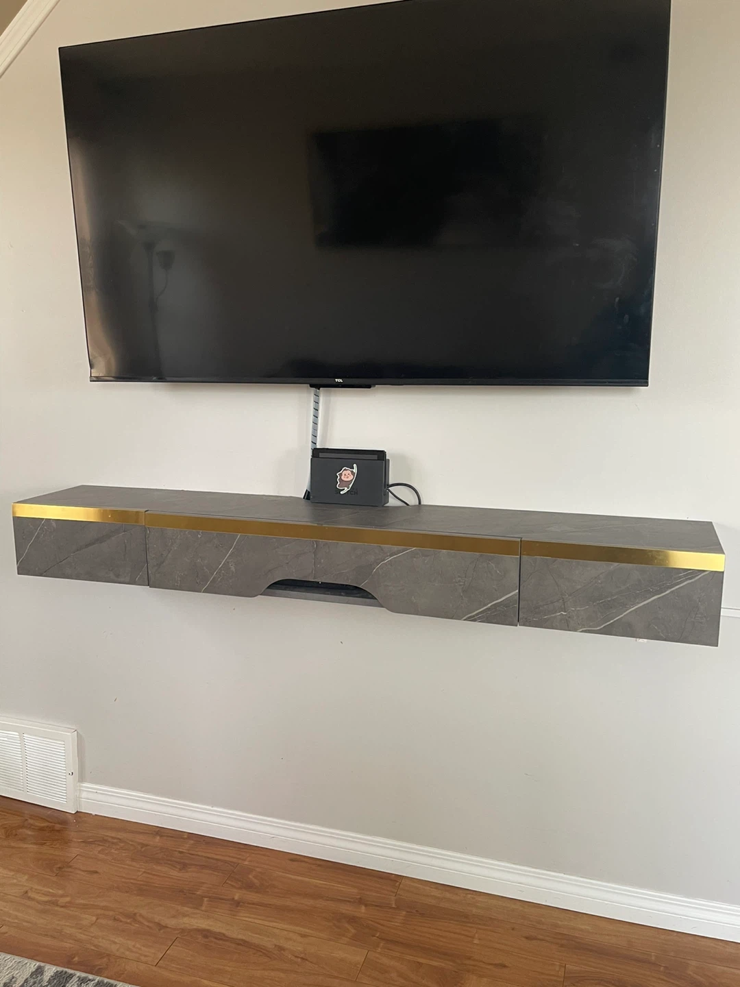 Floating Media Console Grey Marble with Gold Trim - photo 4