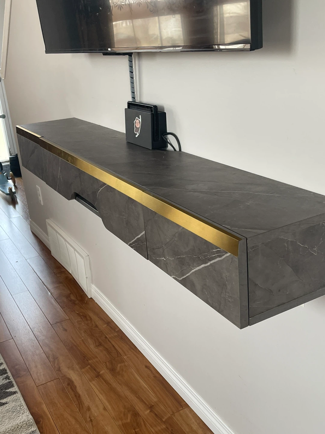 Floating Media Console Grey Marble with Gold Trim - photo 2