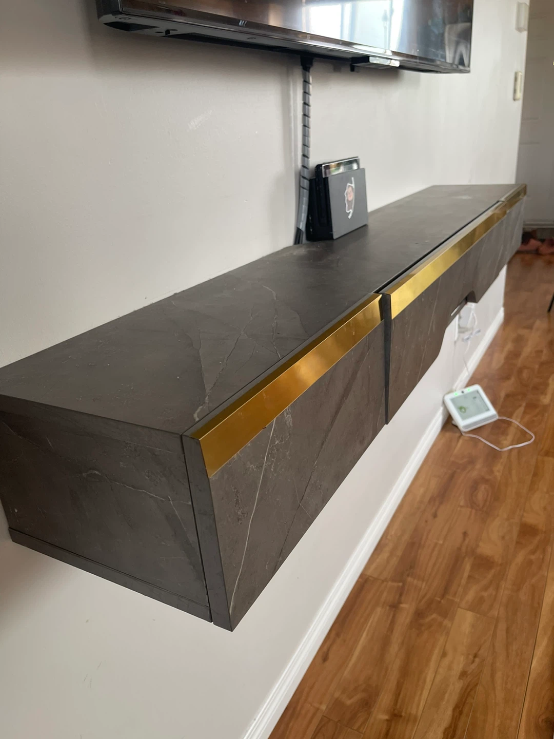 Floating Media Console Grey Marble with Gold Trim
