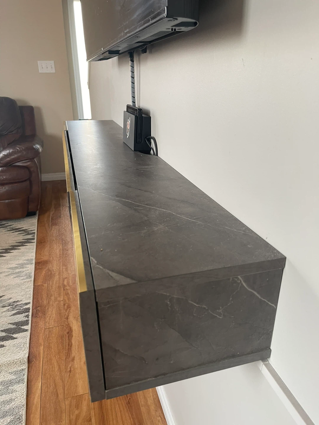 Floating Media Console Grey Marble with Gold Trim - photo 3