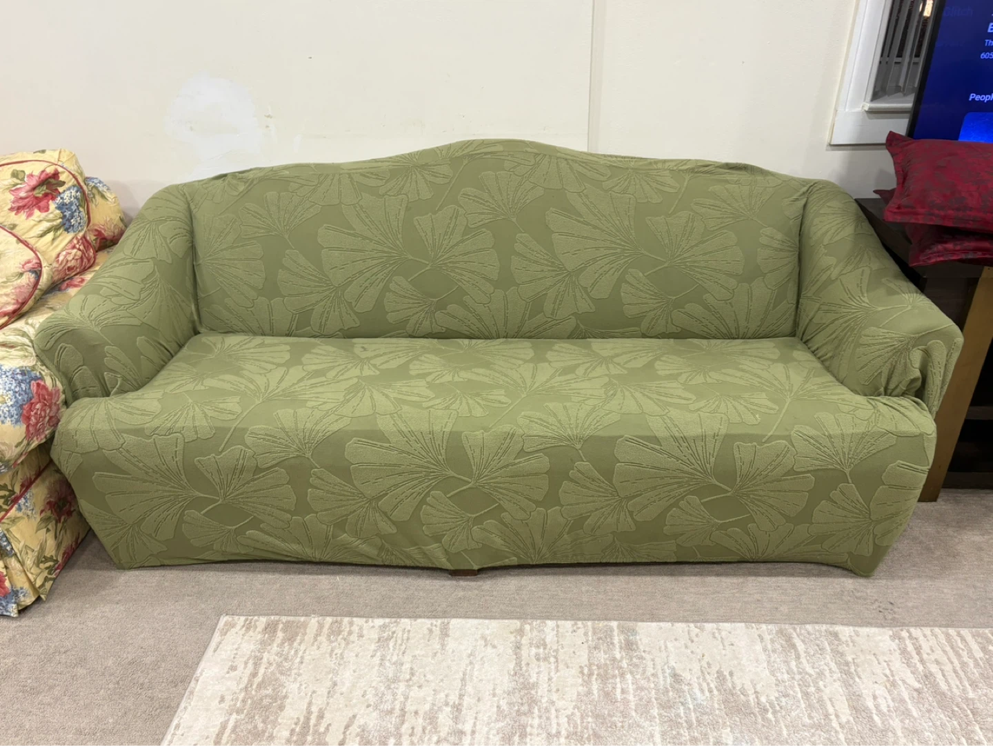 Beige vintage sofa with Light Green Floral Sofa Slipcover - photo 3