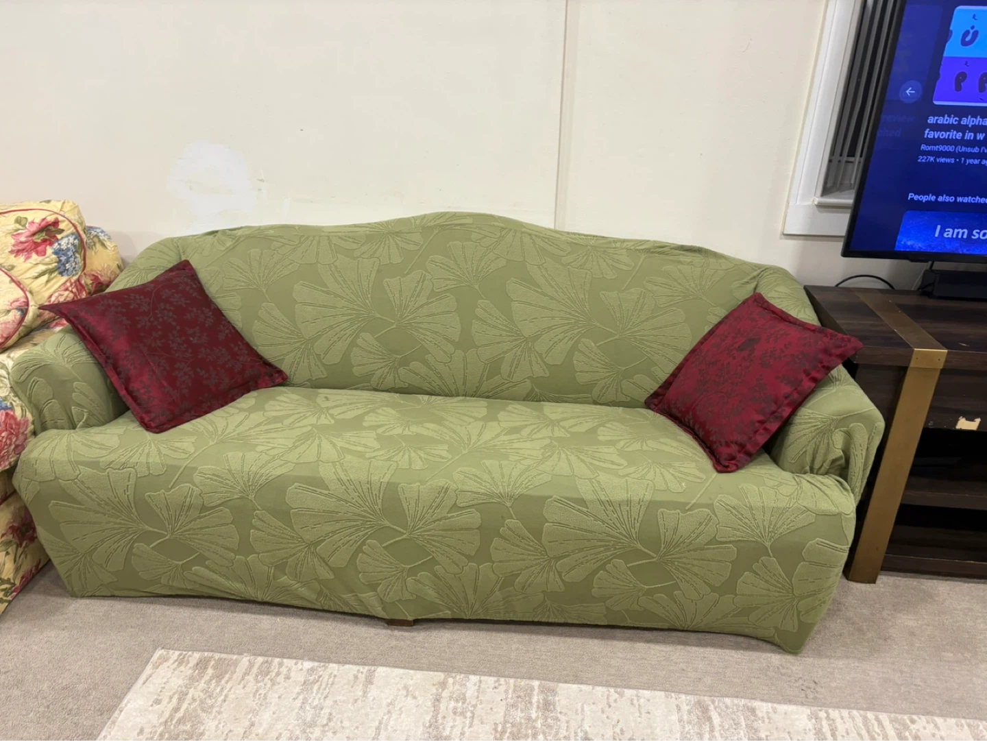 Beige vintage sofa with Light Green Floral Sofa Slipcover - photo 2