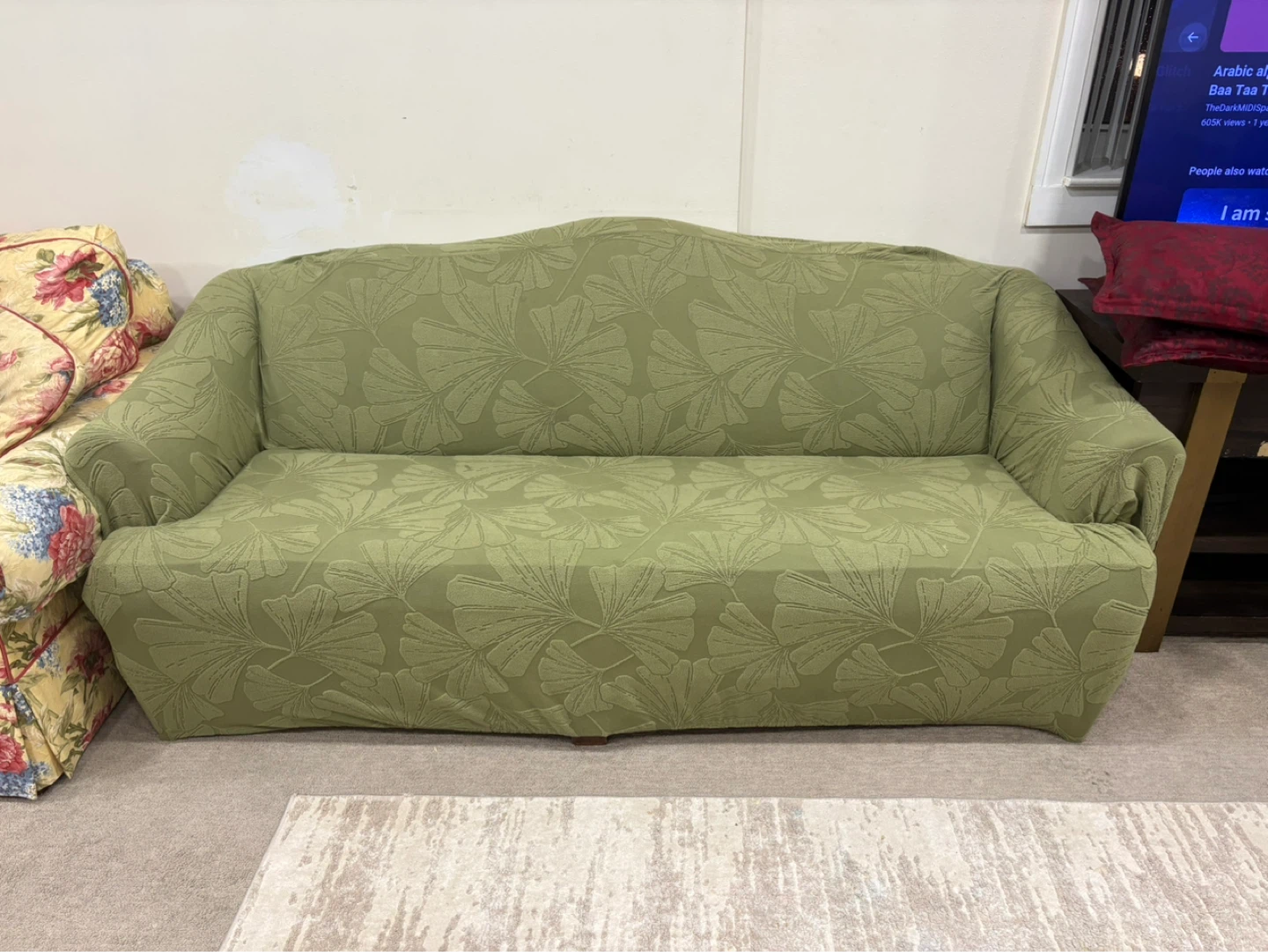 Beige vintage sofa with Light Green Floral Sofa Slipcover - photo 5