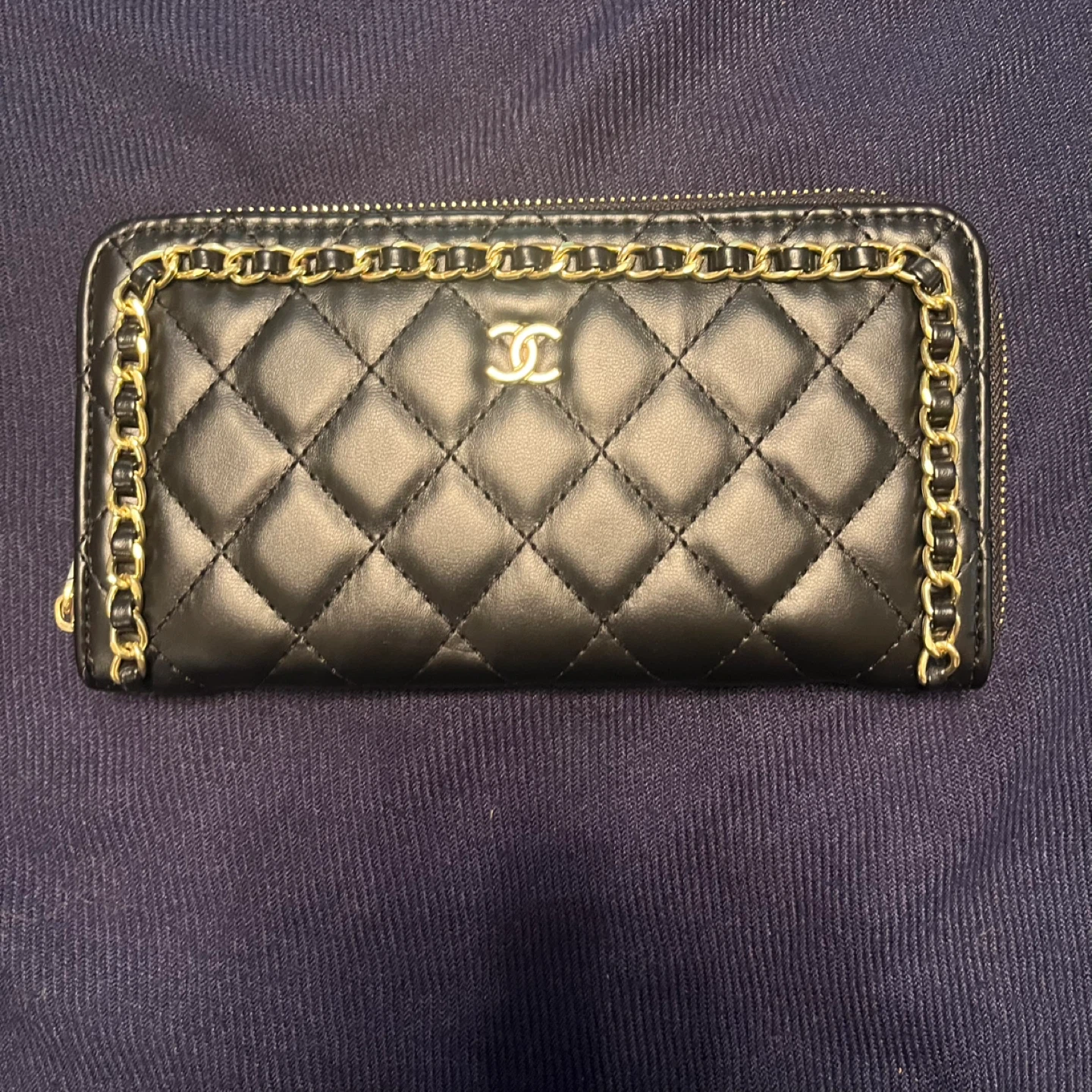 Quilted Zip Around Wallet Black Leather Gold Chain Accents