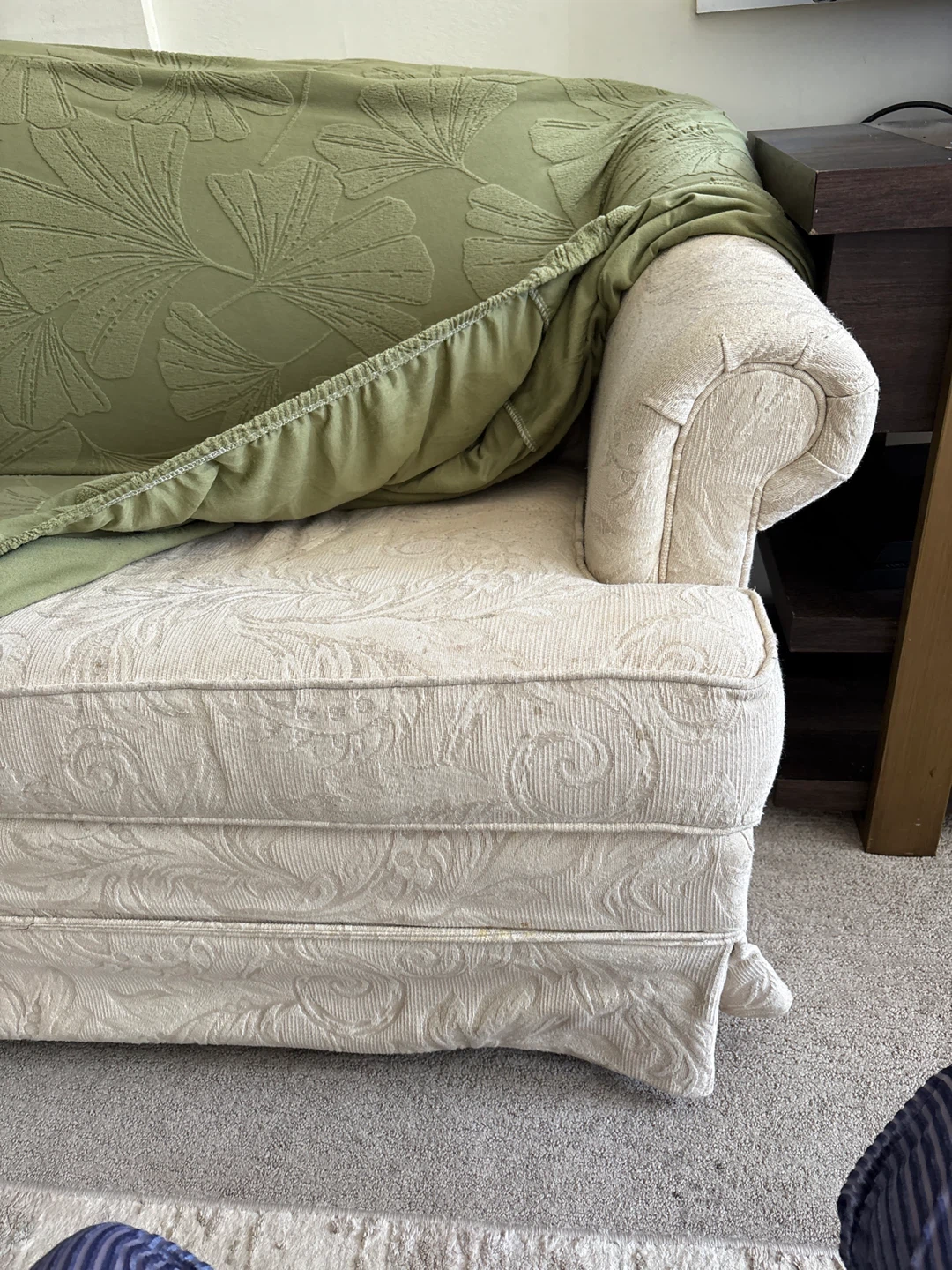 Beige vintage sofa with Light Green Floral Sofa Slipcover