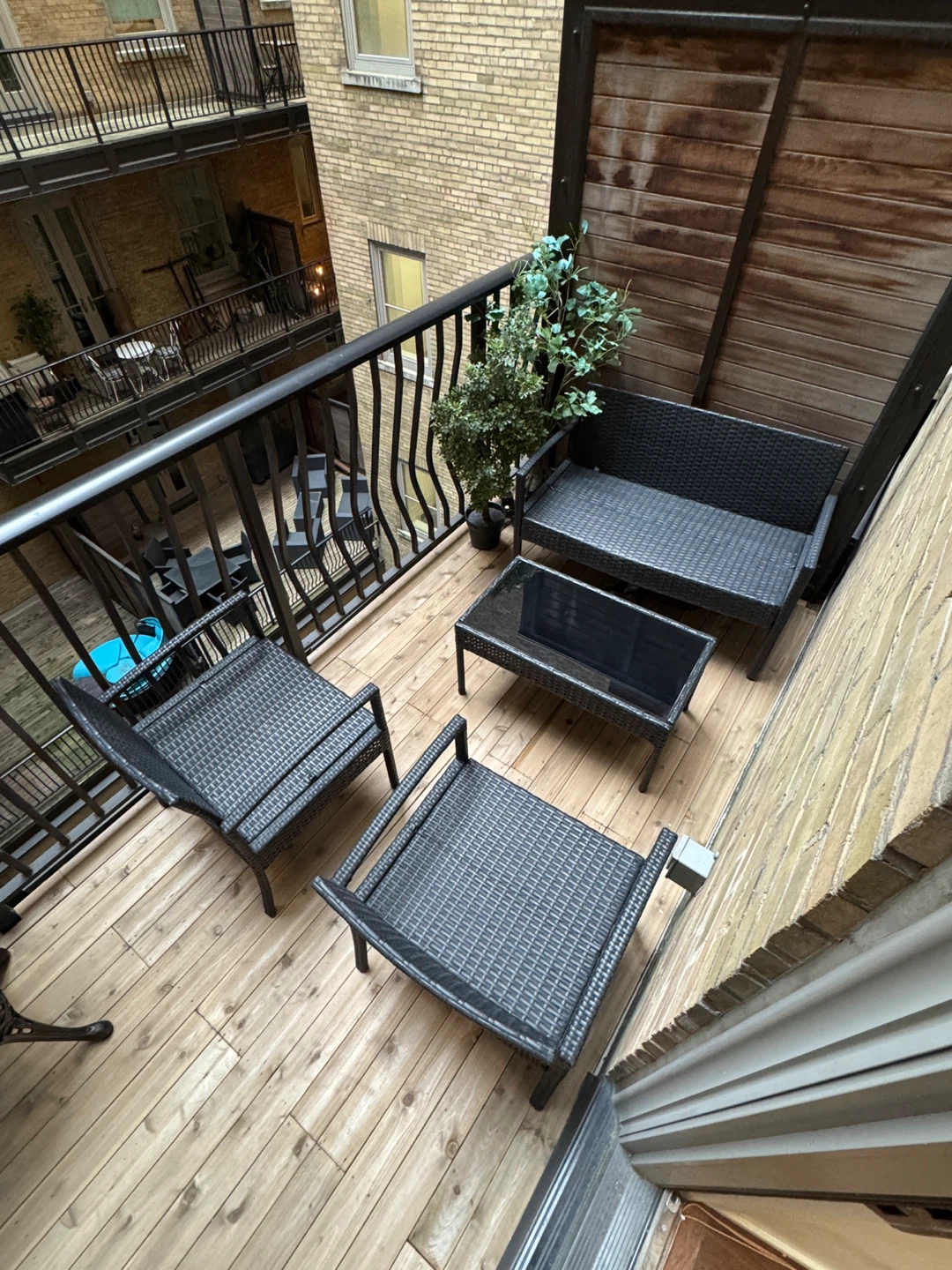 Dark Brown Wicker Patio Set - Bench, 2 Chairs & Coffee Table