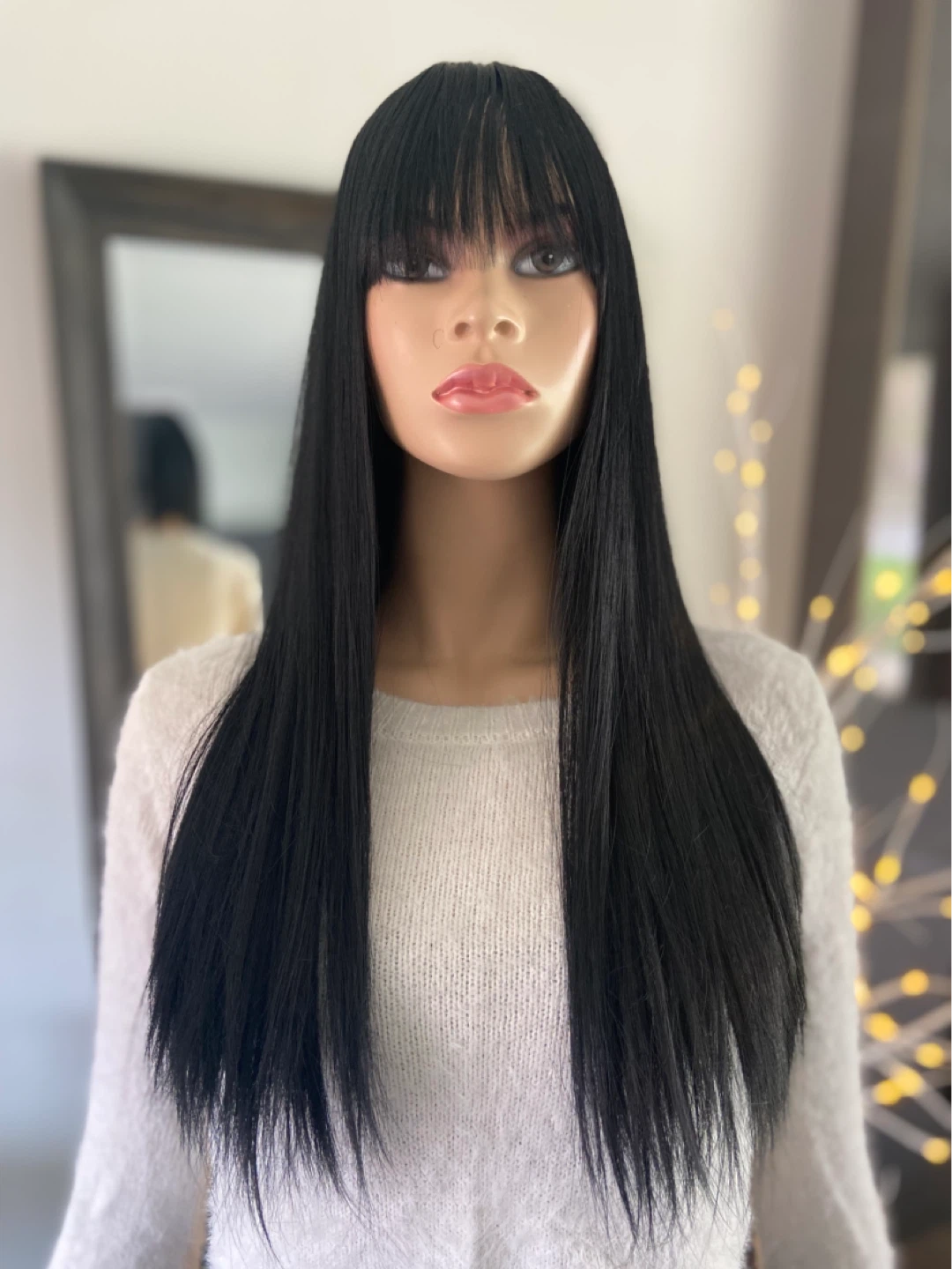 NWOT 24” Long Sleek Straight Solid Black Synthetic Wig w/ Bangs - photo 2