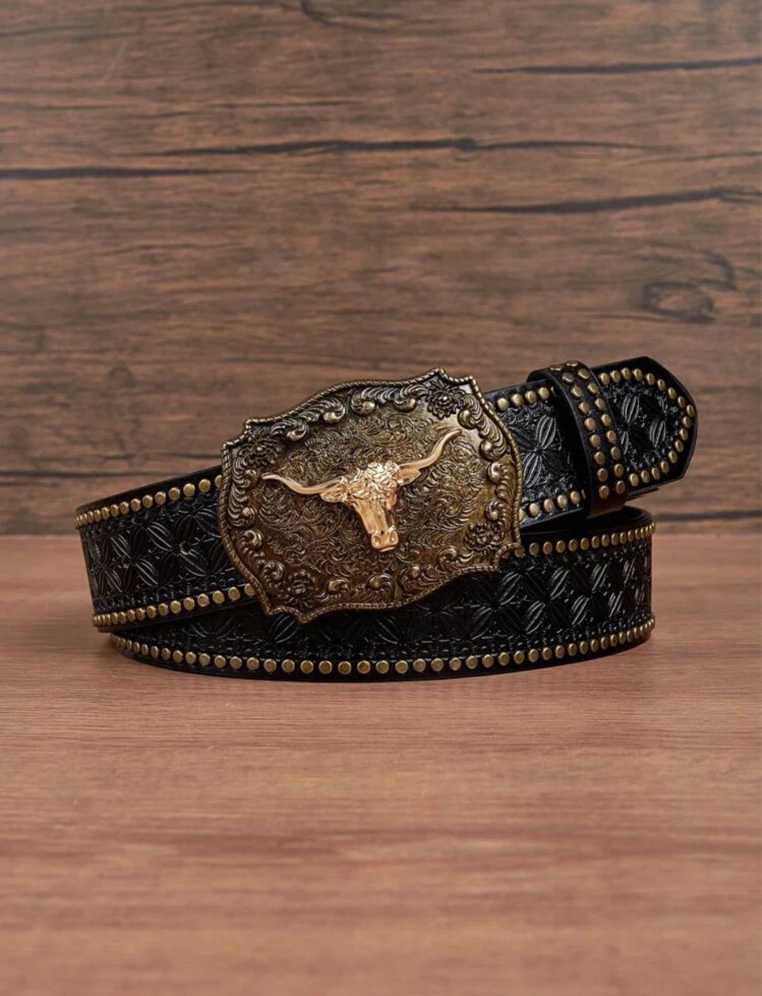 Western Cowboy Bull Belt Black PU Leather Studded Nashville