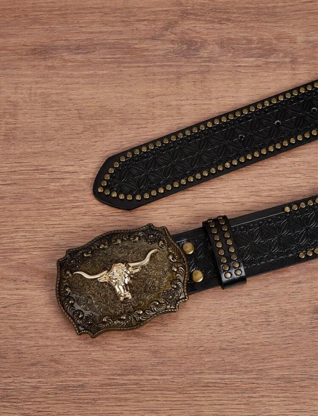 Western Cowboy Bull Belt Black PU Leather Studded Nashville - photo 4