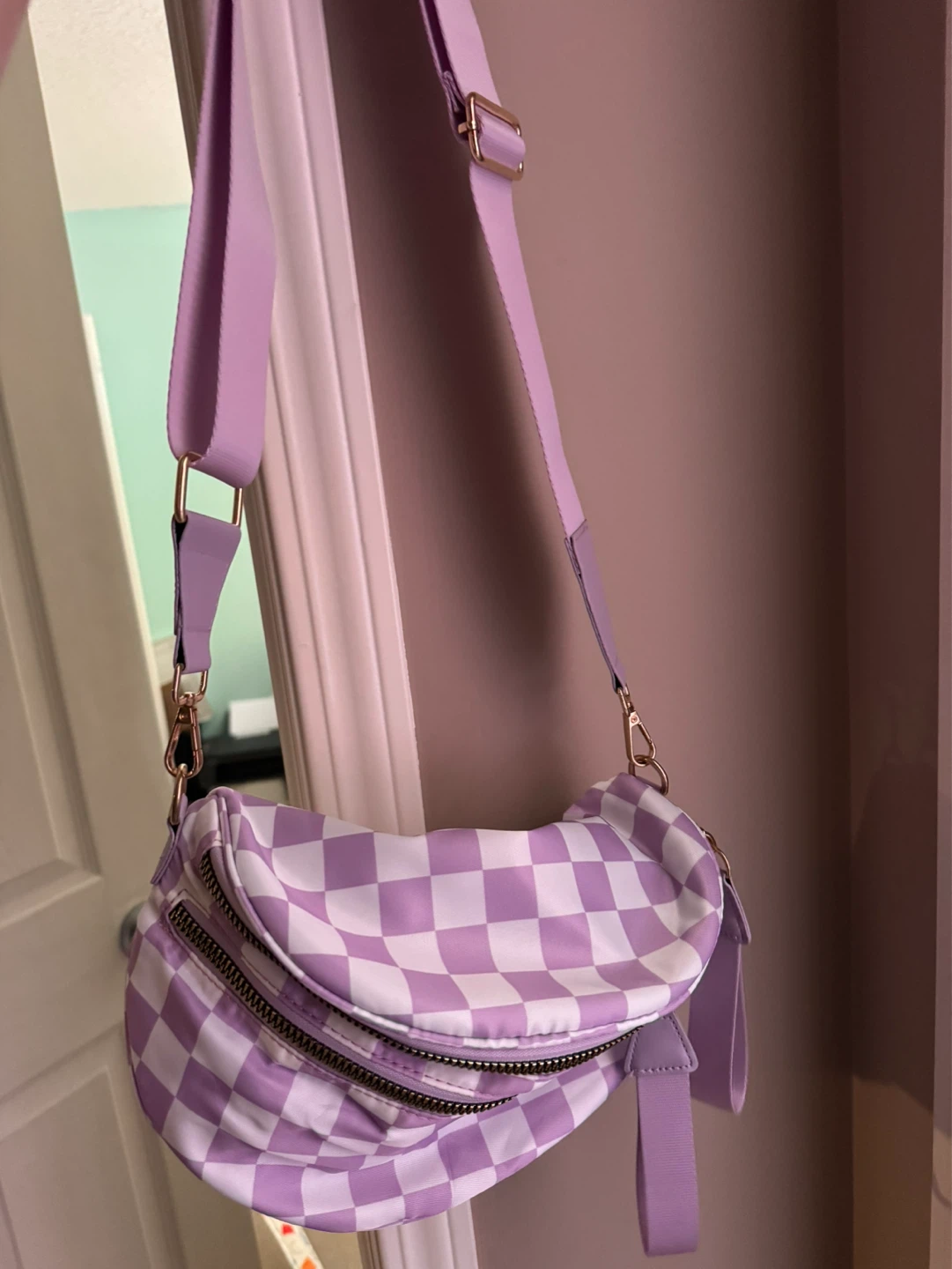 Purple and White Checkered crossbody purse