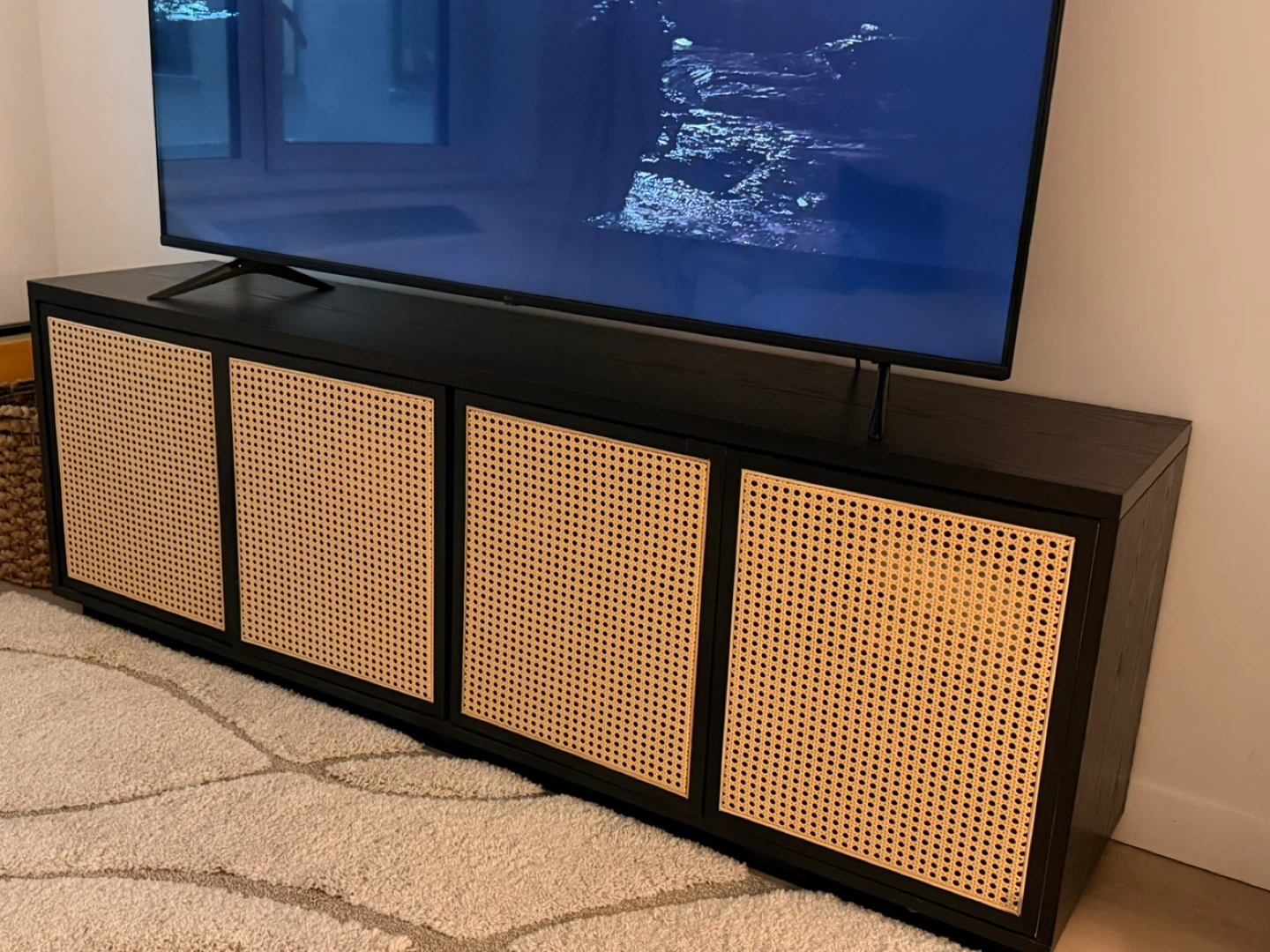 Black Wood Media Console with Rattan Doors