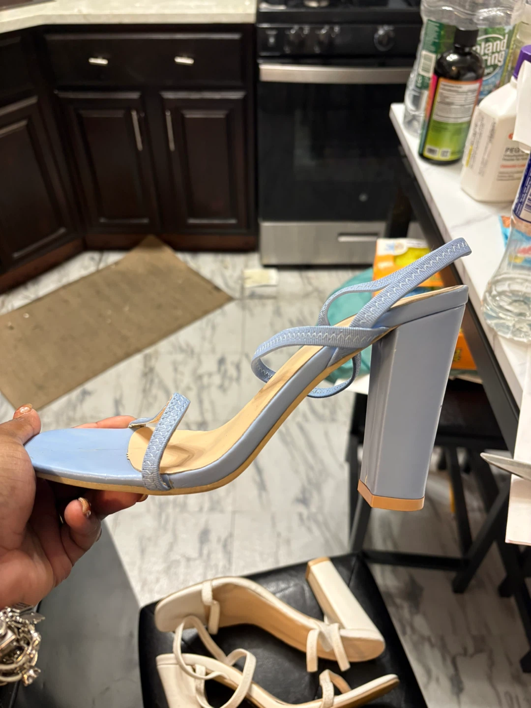 Sky Blue Block Heel Sandals and white heel
