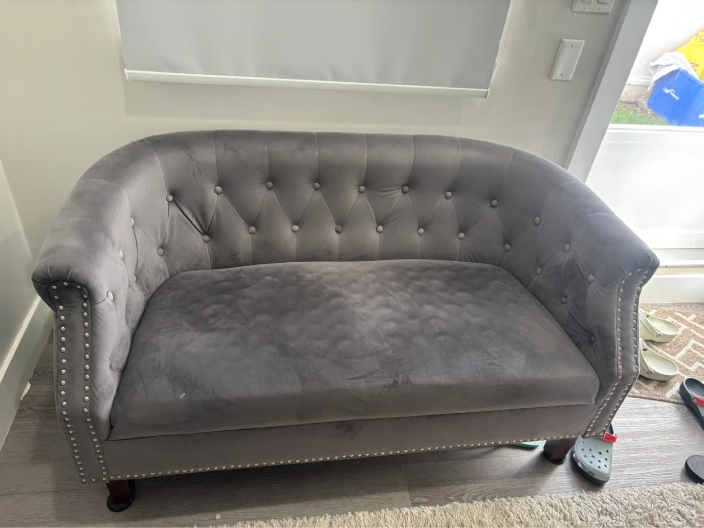 Grey Velvet Tufted Loveseat Sofa