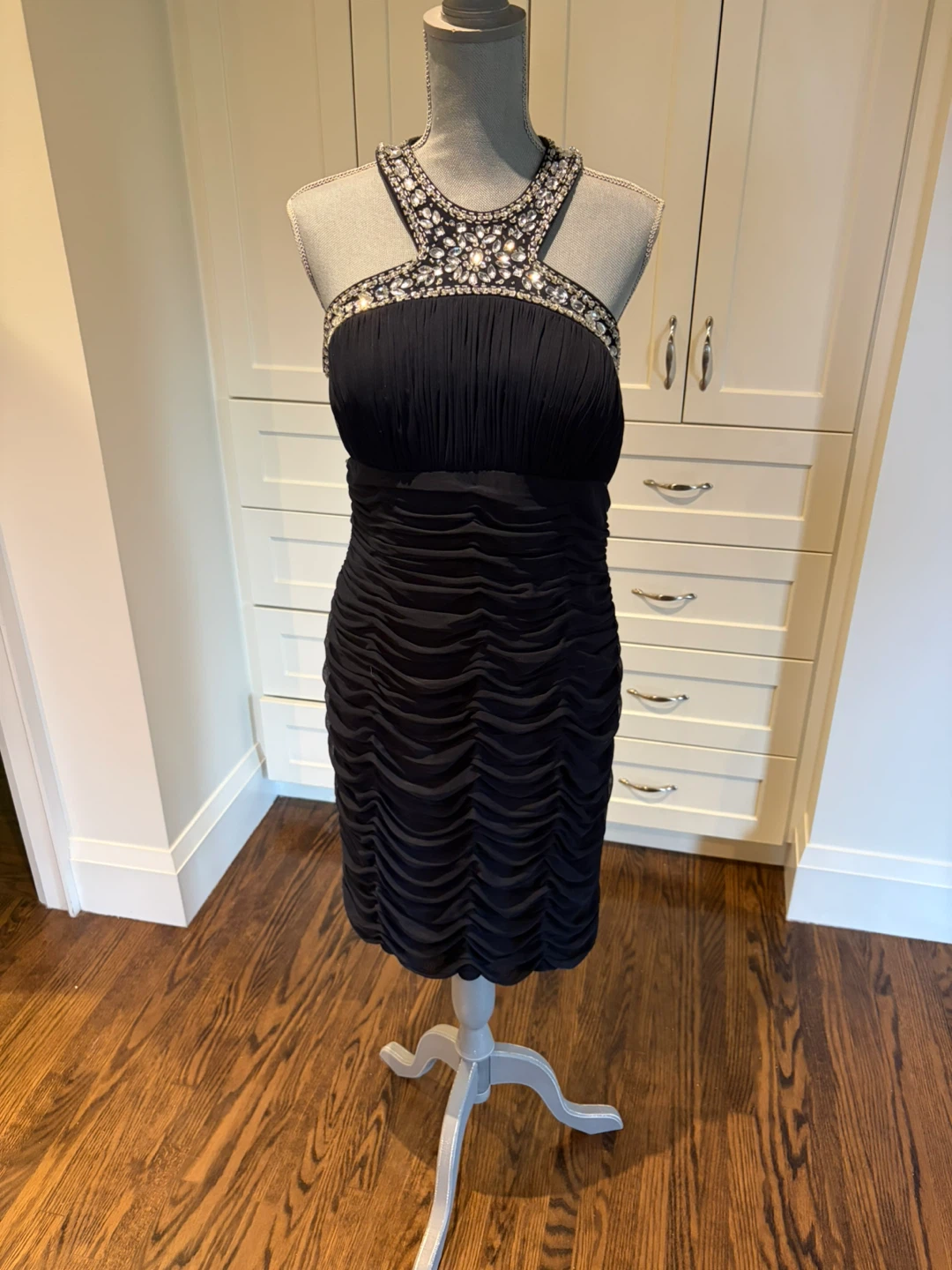 Navy Beaded Halter Ruched Dress