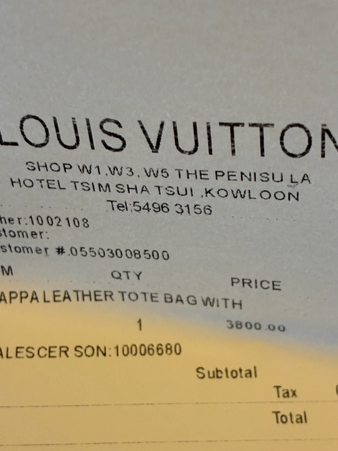 $5 Louis Vuitton leather tote bag receipt Hong Kong scrapbook