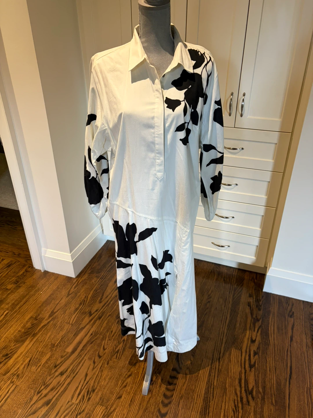 White Button-Up Maxi Dress with Black Floral Print