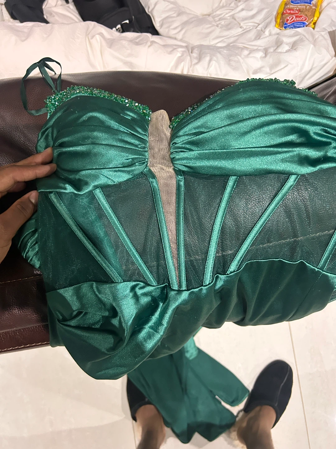Emerald Green Beaded Corset Gown - photo 3