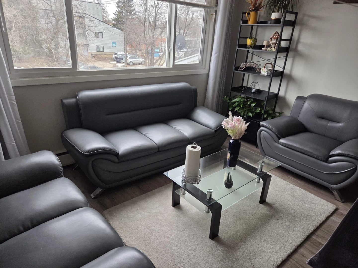 Grey Faux Leather Sofa and Armchair Set