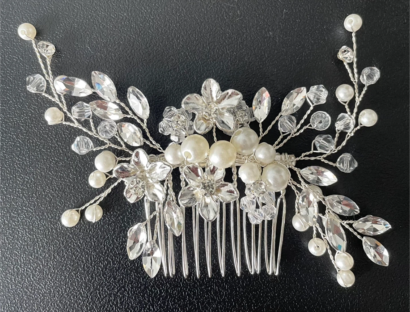 Silver Bridal Hair Comb with Pearls and Crystals