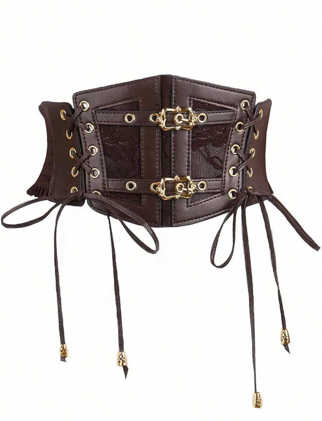 Women Corset Waist Belt Brown PU Leather Lace Up Wide Cinch