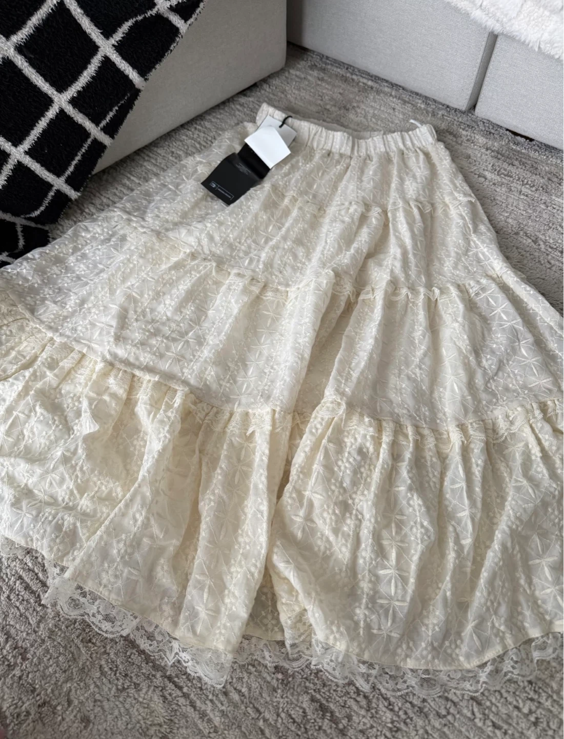 Cream Lace Tiered Embroidered Maxi Skirt