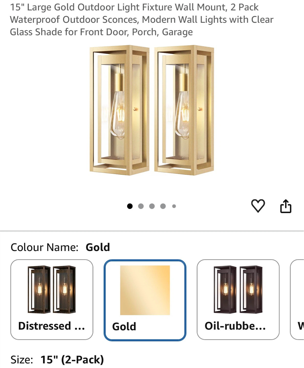 Gold Outdoor Wall Sconce Lights, 2 Pack