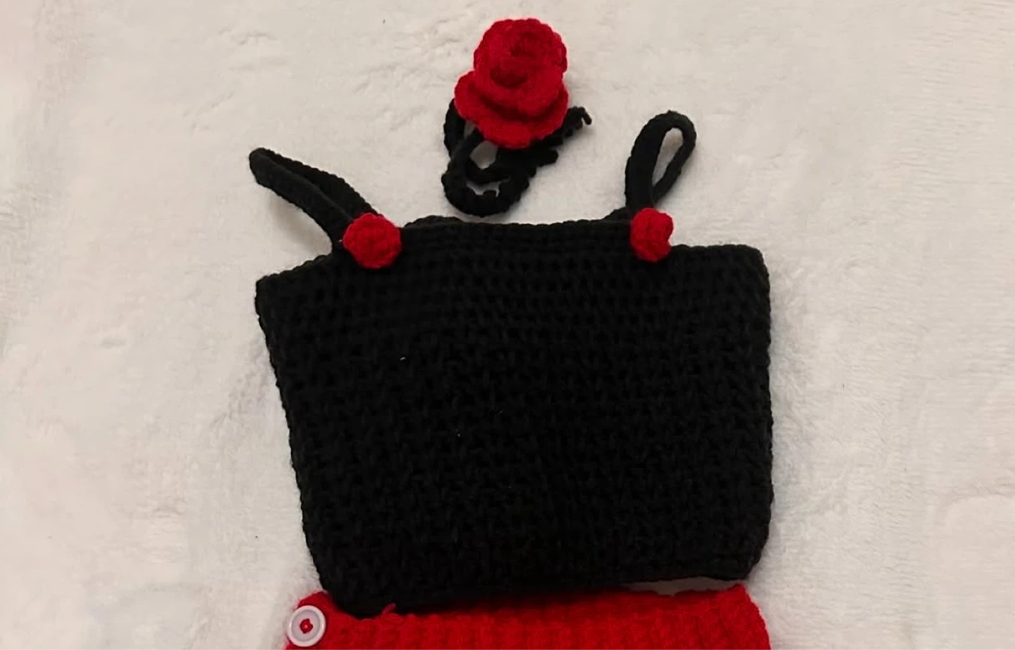 Crocheted Black Mini Dress with Red Rose Detail