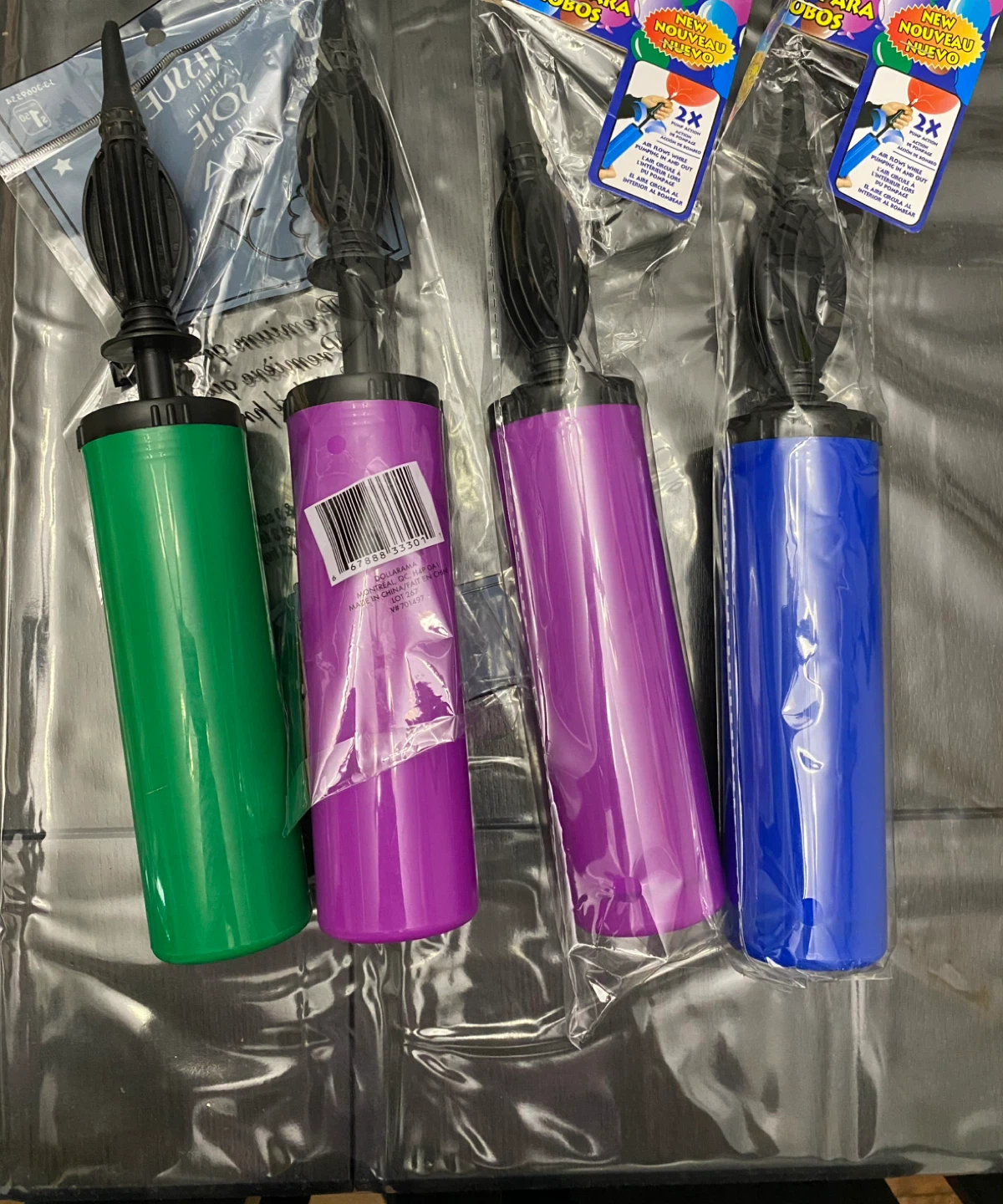 Set of 4 Balloon Hand Pumps - Green, Purple, Blue