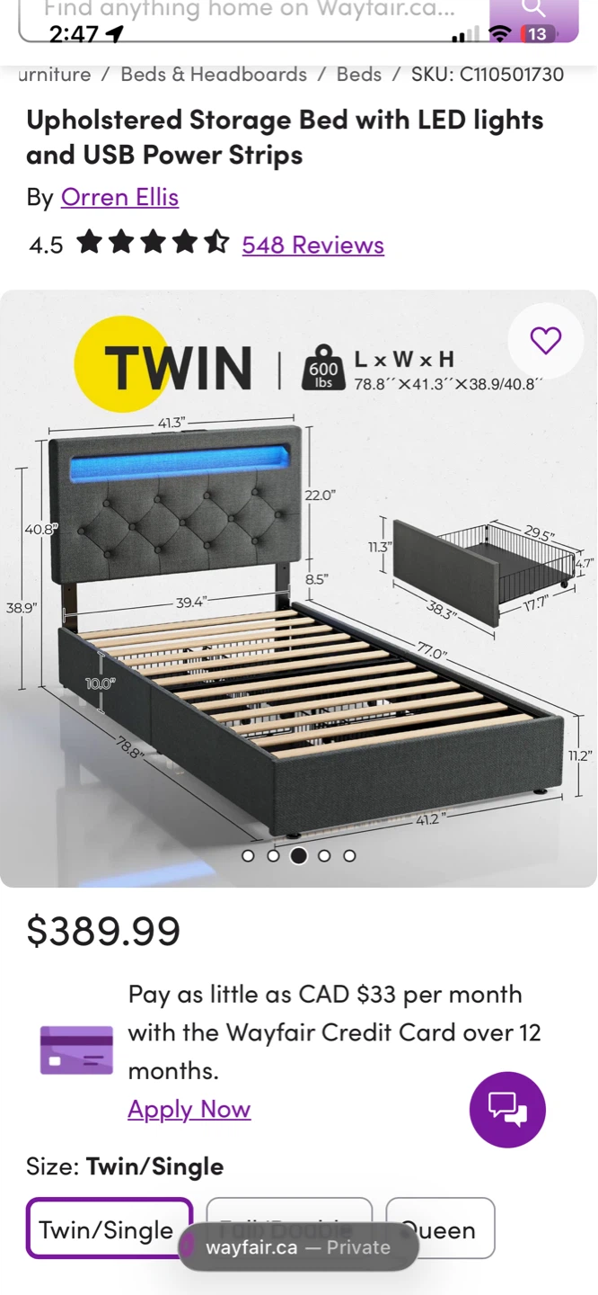 Twin Upholstered Storage Bed with LED Lights and USB - photo 2