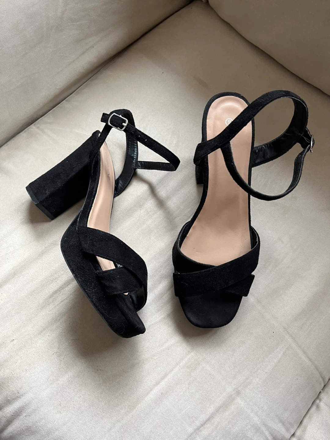 Black Velvety Block Heel Sandals - size 10