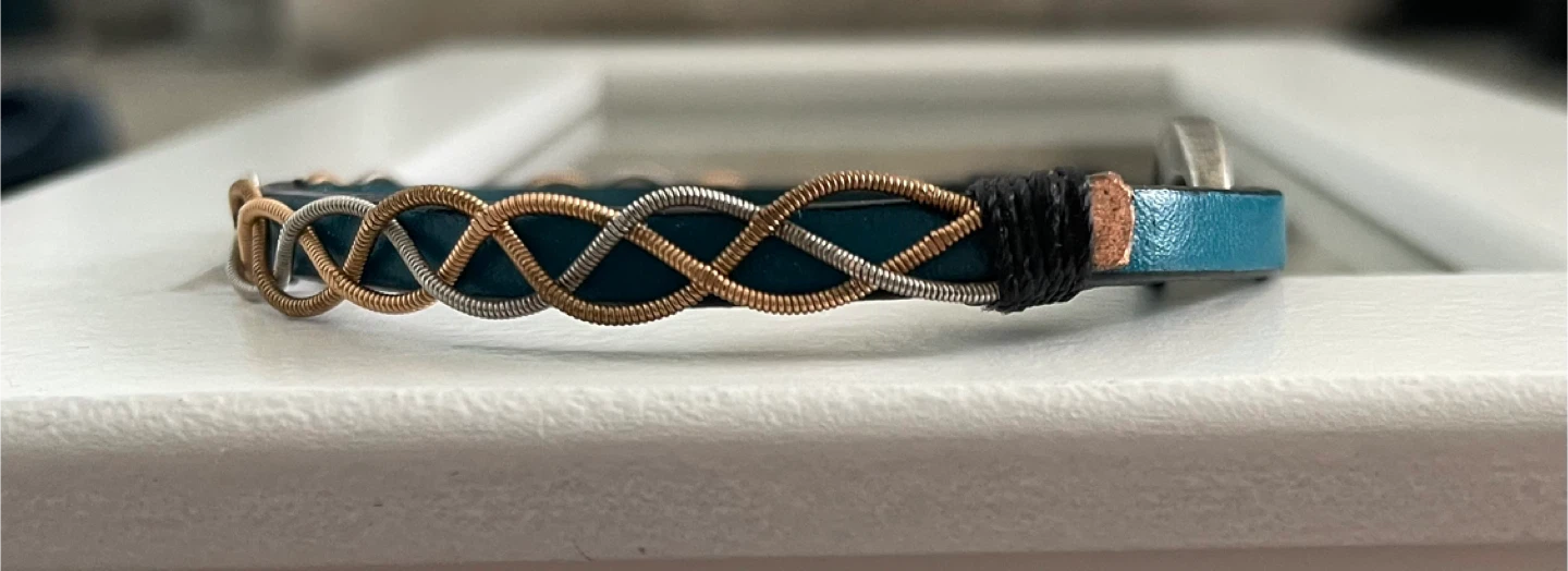 Teal Leather Bracelet with Intertwined guitar strings - photo 2