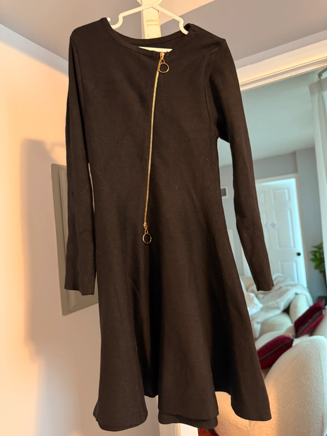 Black Long-Sleeve Fit and Flare Dress with Gold Zipper - photo 2