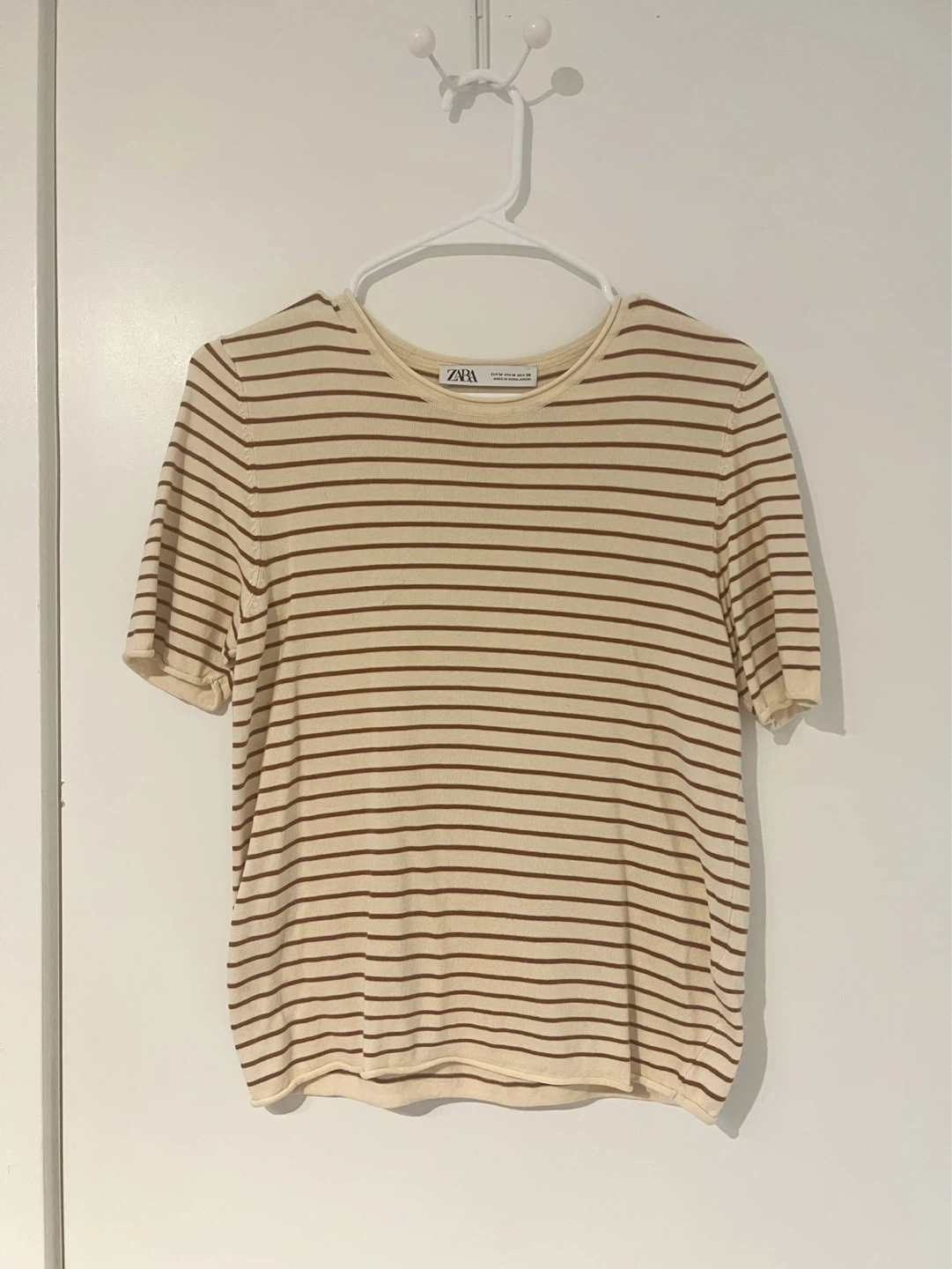 ZARA Striped Knit T-Shirt - Cream/Brown