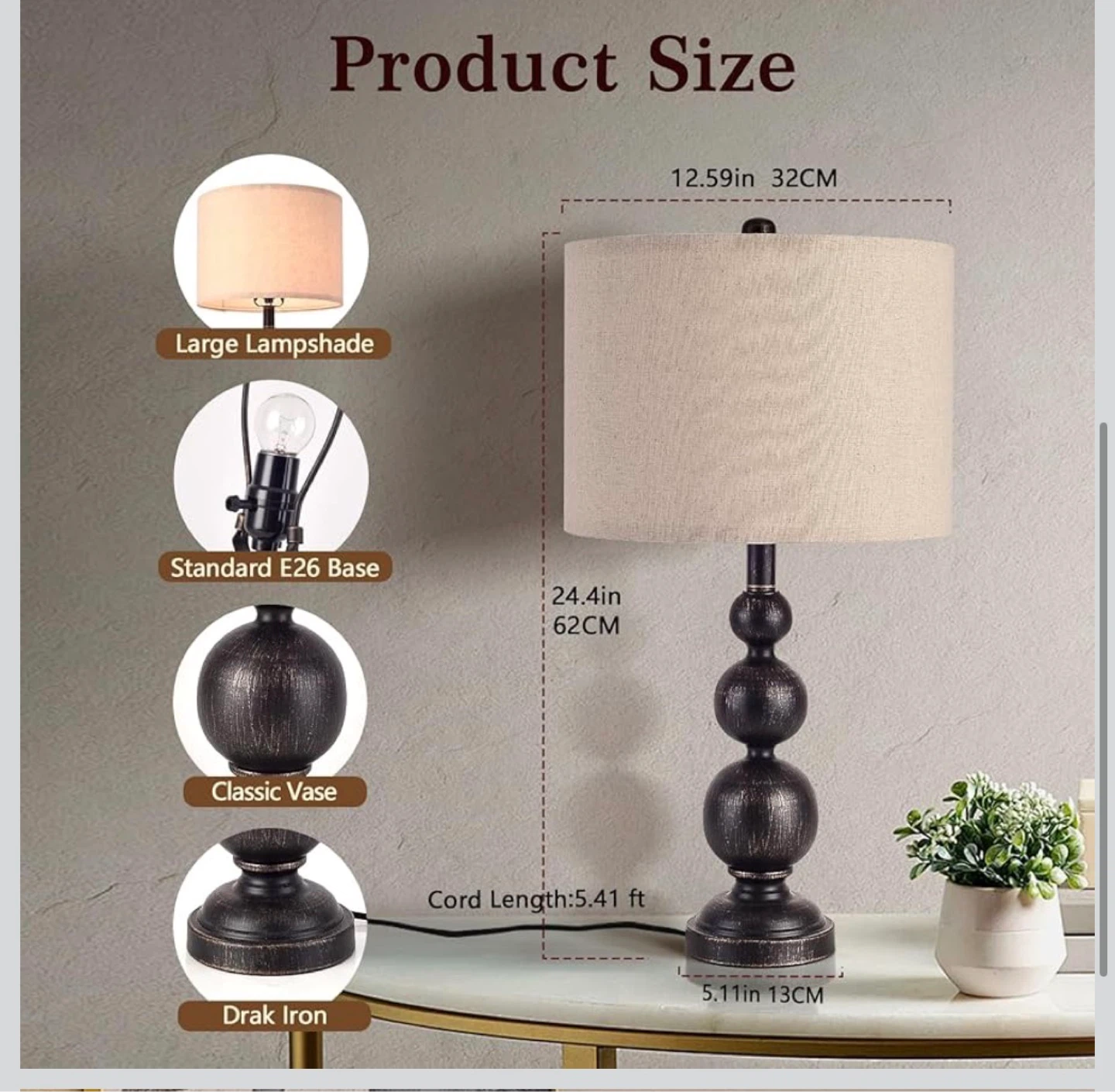 24.4" Farmhouse Bedside Table Lamps Set of 2, Black Iron 4FB - photo 3