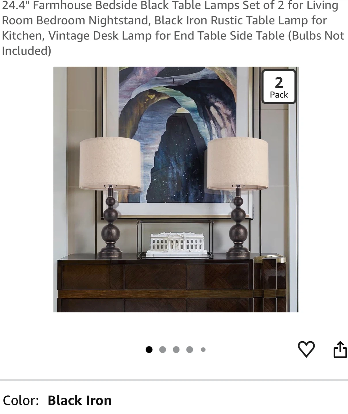 24.4" Farmhouse Bedside Table Lamps Set of 2, Black Iron 4FB