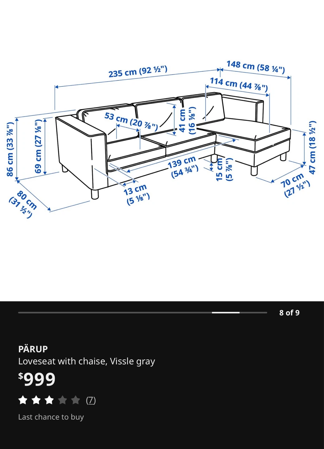 IKEA PÄRUP Loveseat with Chaise, Vissle Gray - photo 2