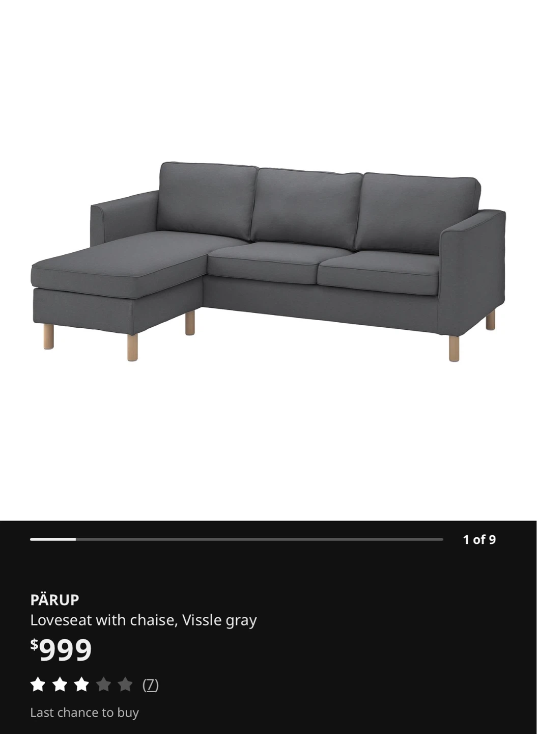 IKEA PÄRUP Loveseat with Chaise, Vissle Gray