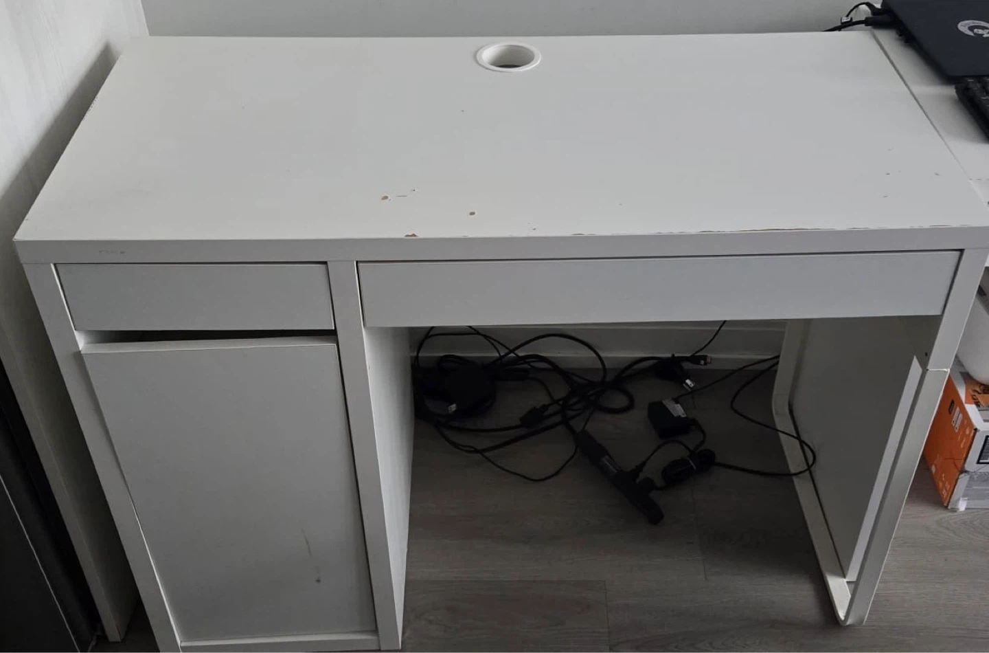 White IKEA MICKE Desk with Drawer and Cabinet